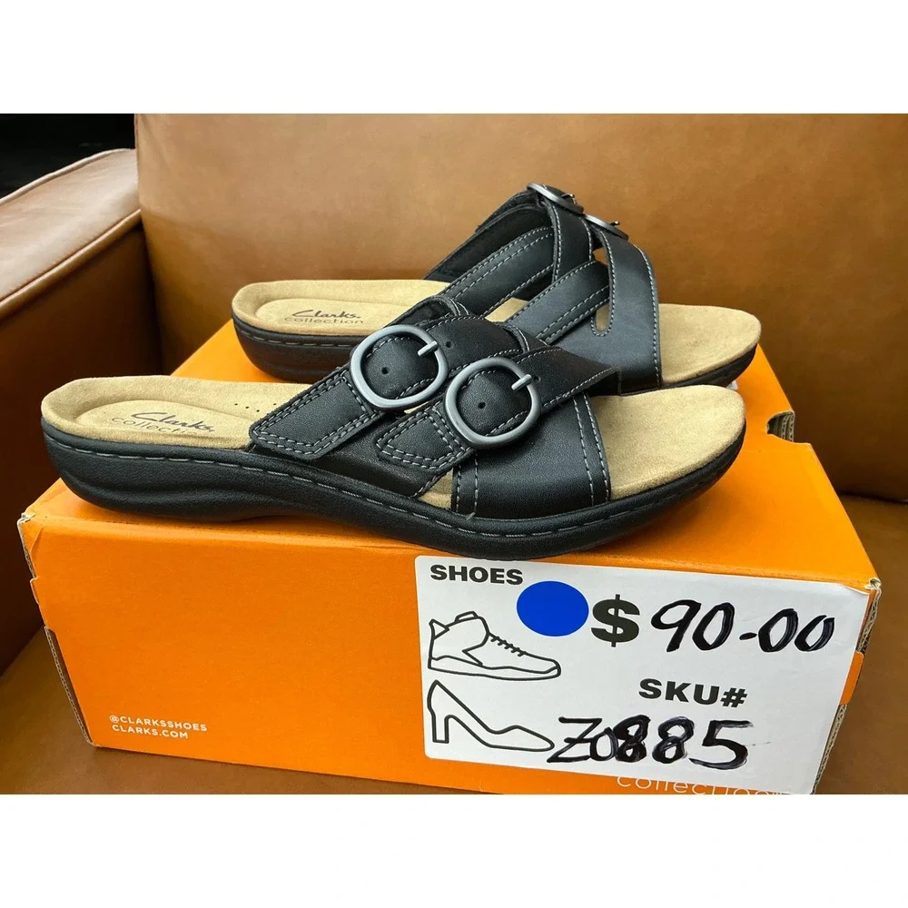 Clarks Laurieann Opal Sandals Womens 8 Black New Leather Slide Buckle